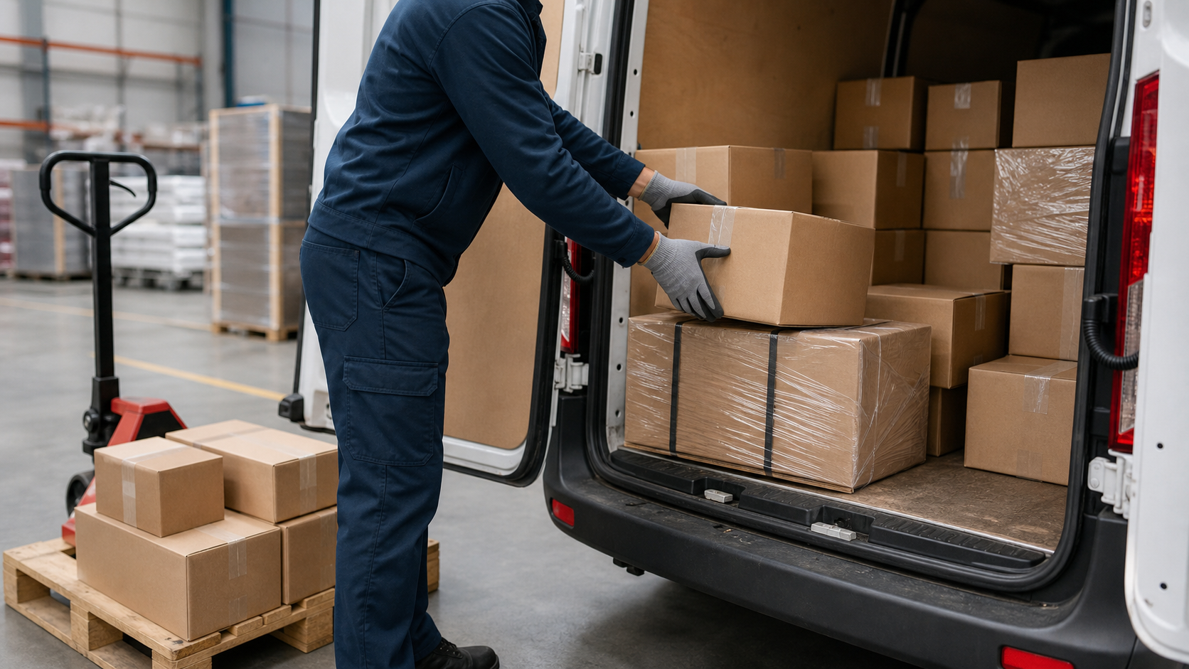Driver loading boxed cargo into a clean panel van.