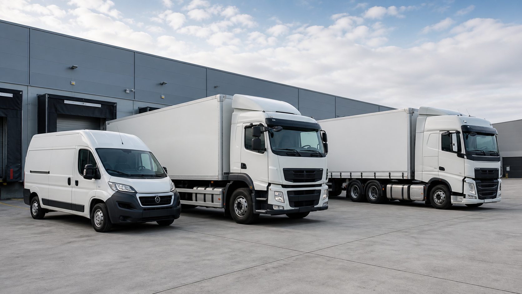 Van, box truck, and articulated lorry parked at a logistics depot.